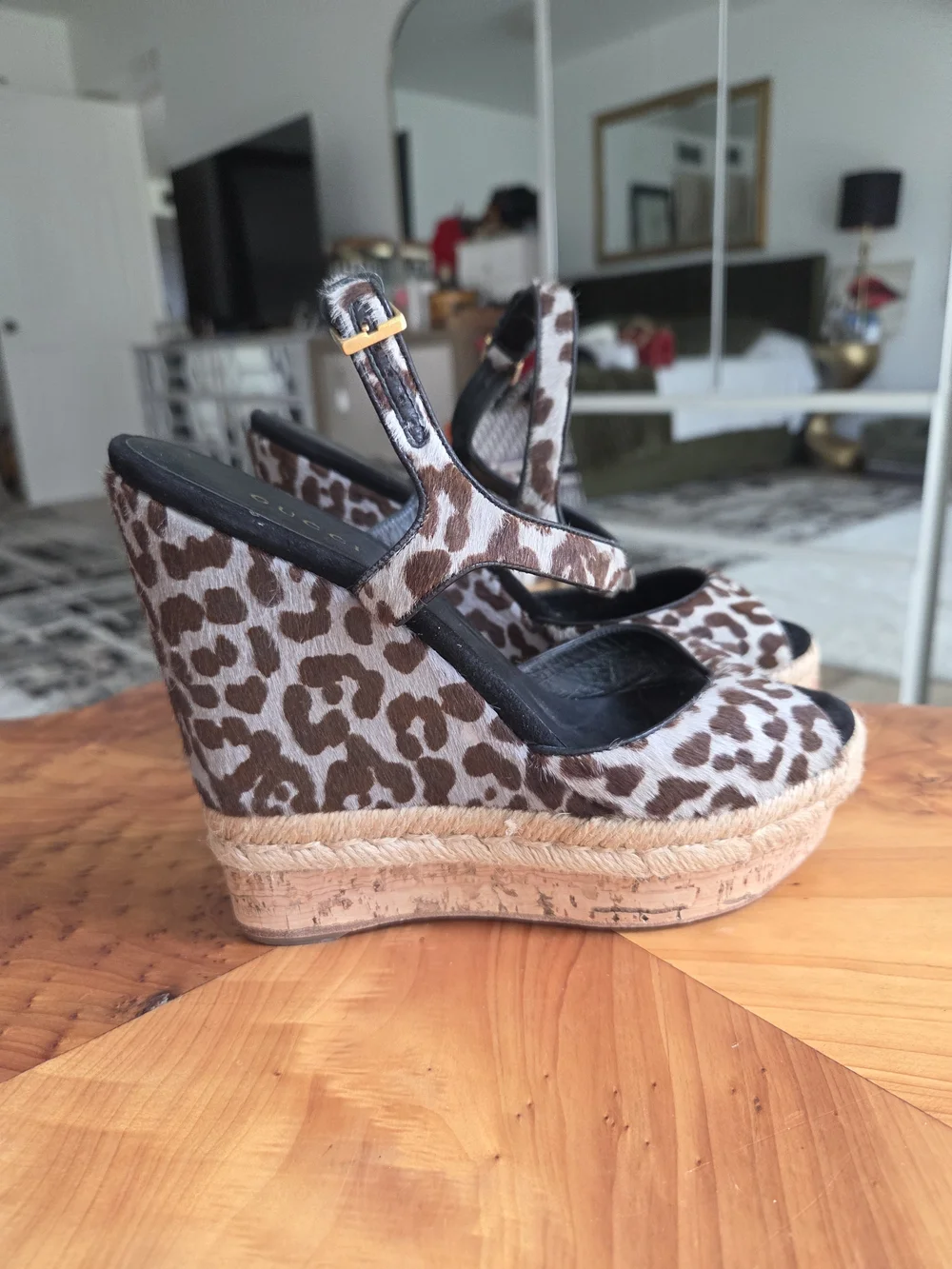 Gucci Brown Leopard Print Wedge Sandals